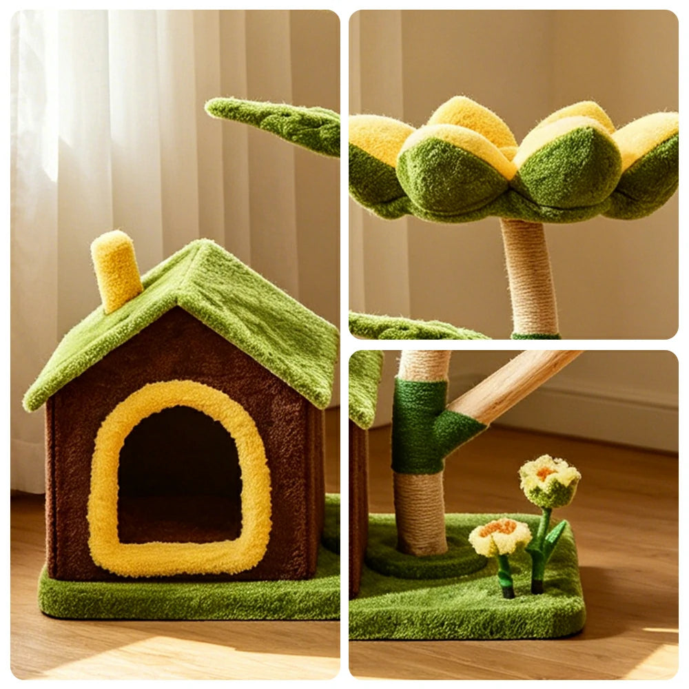 PAWORA Sunflower Cottage Cat Tree - 96cm Garden-Style Cat Condo with Natural Wood Posts - Green & Yellow