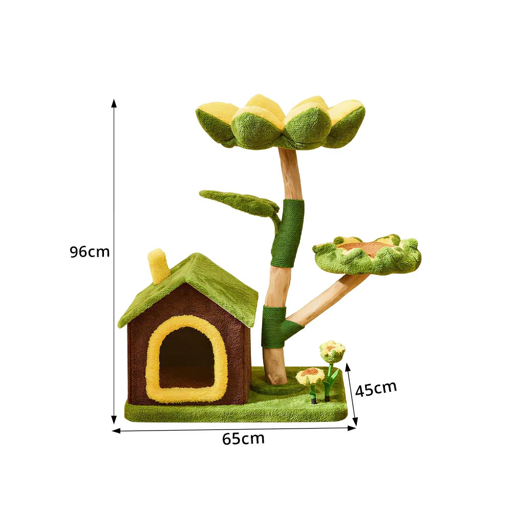 PAWORA Sunflower Cottage Cat Tree - 96cm Garden-Style Cat Condo with Natural Wood Posts - Green & Yellow