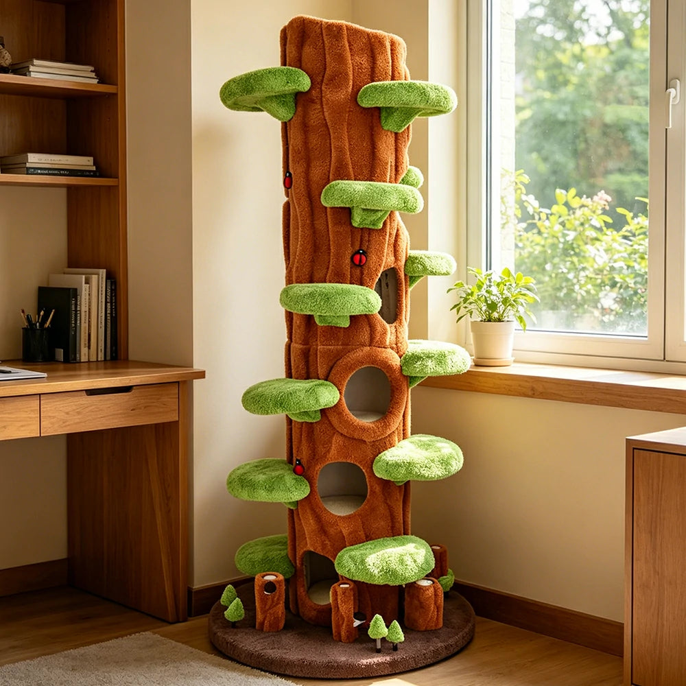 PAWORA Spring Sky Tree Cat Tree - 230cm Tall Multi-Level Cat Condo with Tree Trunk Design - Green & Brown