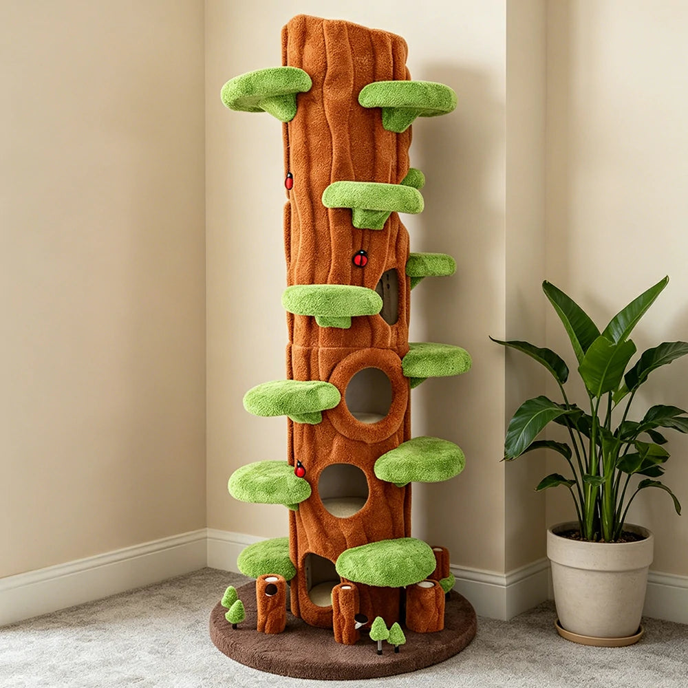 PAWORA Spring Sky Tree Cat Tree - 230cm Tall Multi-Level Cat Condo with Tree Trunk Design - Green & Brown