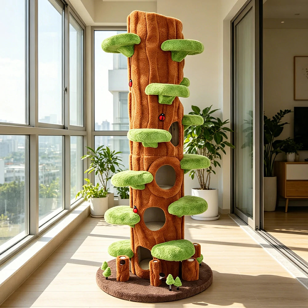 PAWORA Spring Sky Tree Cat Tree - 230cm Tall Multi-Level Cat Condo with Tree Trunk Design - Green & Brown