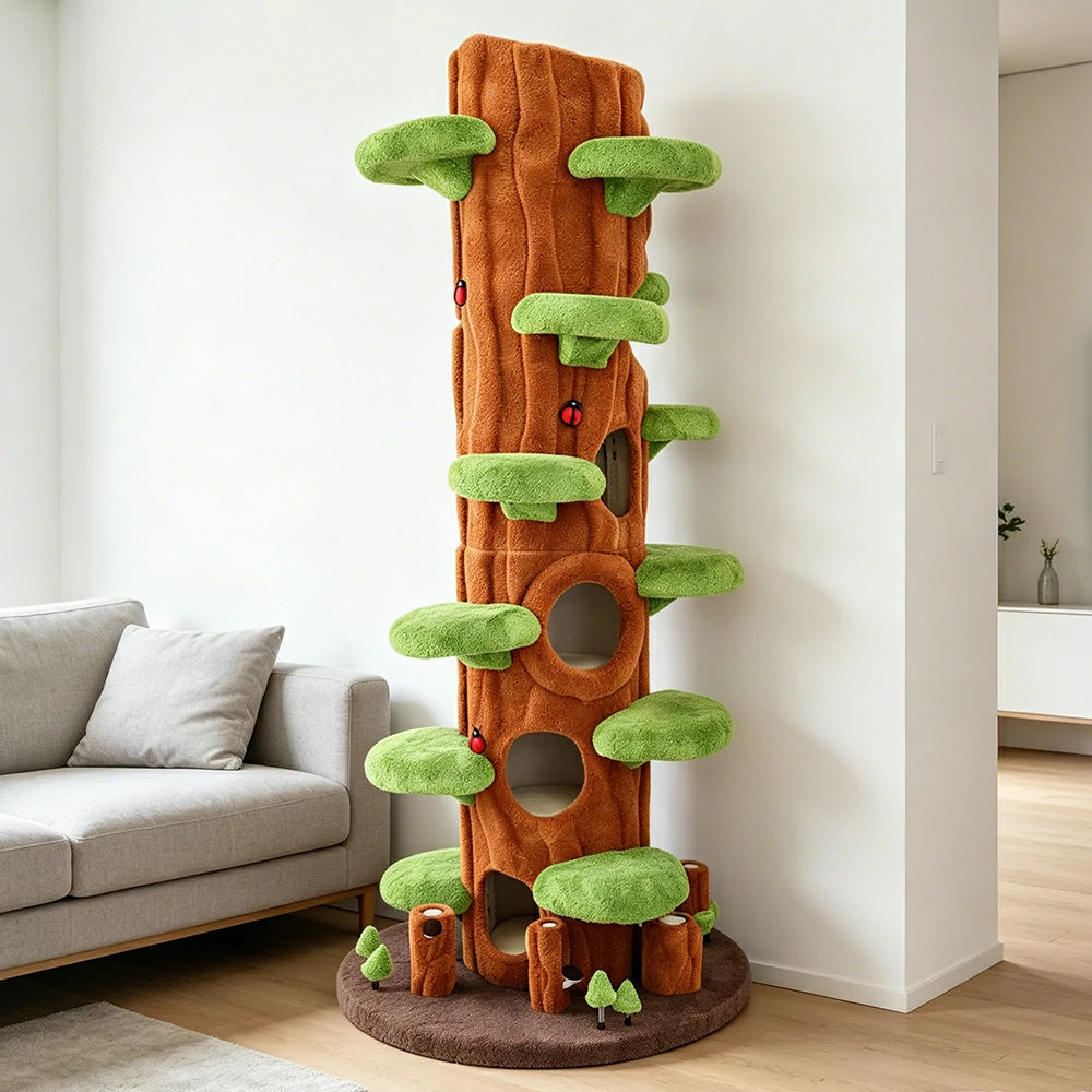 PAWORA Spring Sky Tree Cat Tree - 230cm Tall Multi-Level Cat Condo with Tree Trunk Design - Green & Brown