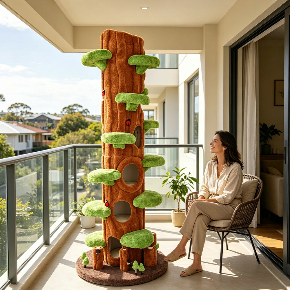 PAWORA Spring Sky Tree Cat Tree - 230cm Tall Multi-Level Cat Condo with Tree Trunk Design - Green & Brown