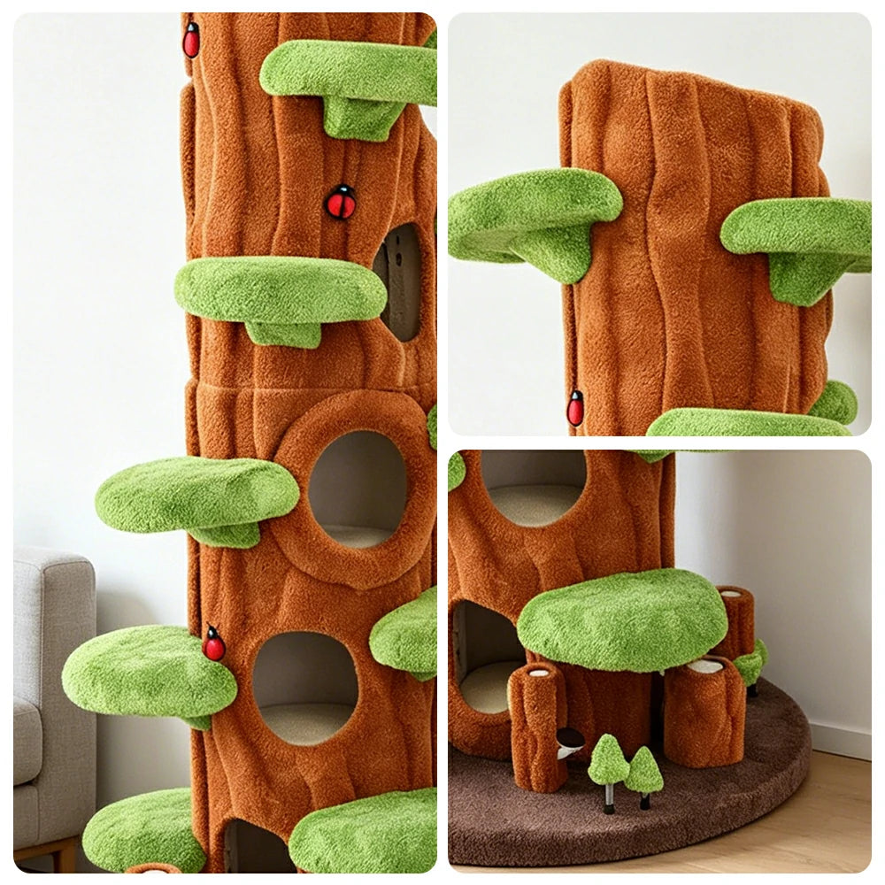 PAWORA Spring Sky Tree Cat Tree - 230cm Tall Multi-Level Cat Condo with Tree Trunk Design - Green & Brown