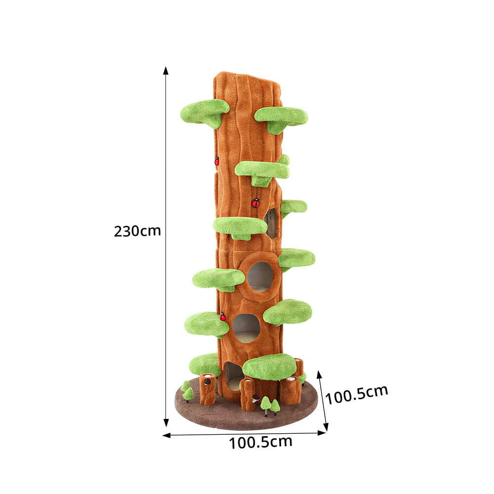 PAWORA Spring Sky Tree Cat Tree - 230cm Tall Multi-Level Cat Condo with Tree Trunk Design - Green & Brown