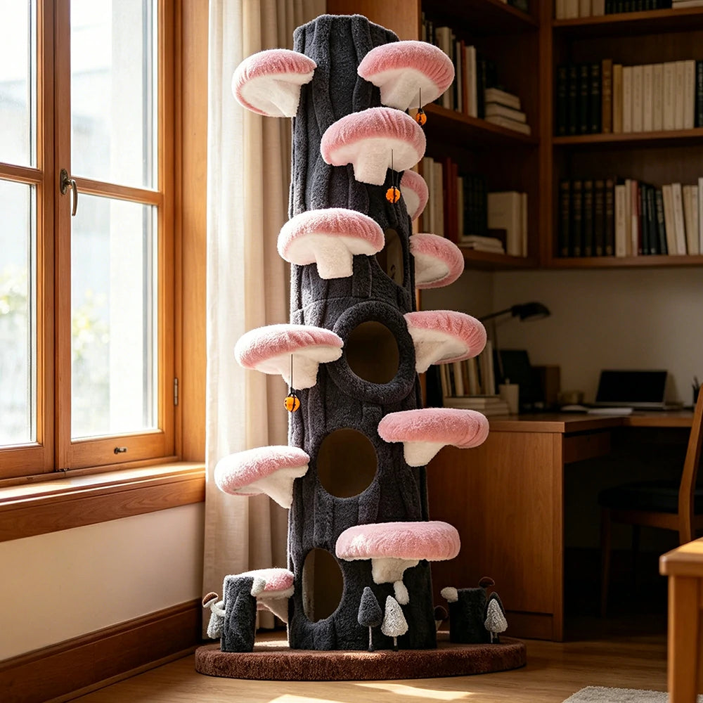 PAWORA Winter Sky Tree Cat Tree - 230cm Tall Multi-Level Cat Condo with Tree Trunk Design - Black & Pink