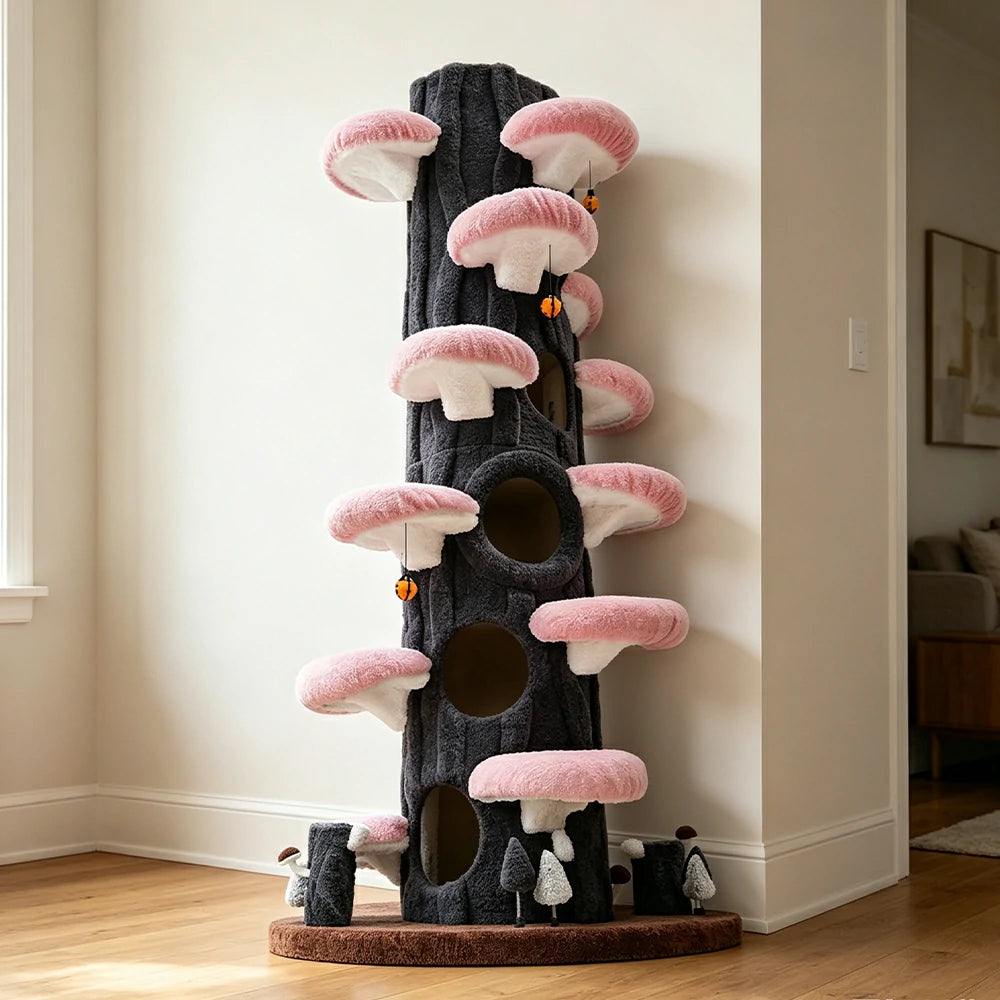 PAWORA Winter Sky Tree Cat Tree - 230cm Tall Multi-Level Cat Condo with Tree Trunk Design - Black & Pink