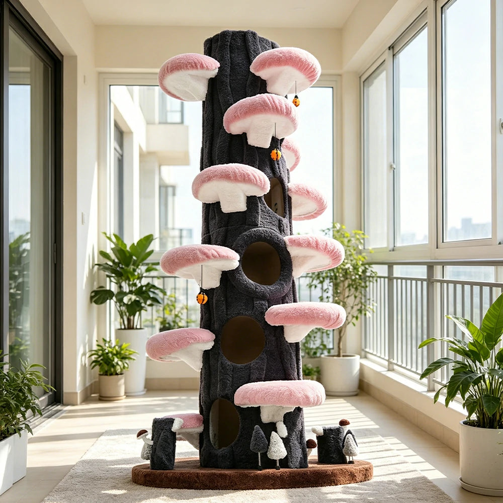 PAWORA Winter Sky Tree Cat Tree - 230cm Tall Multi-Level Cat Condo with Tree Trunk Design - Black & Pink