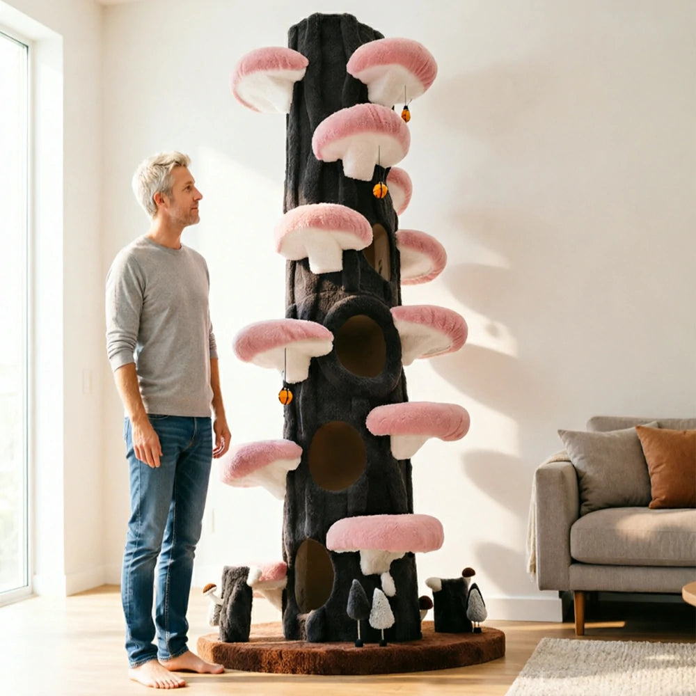 PAWORA Winter Sky Tree Cat Tree - 230cm Tall Multi-Level Cat Condo with Tree Trunk Design - Black & Pink