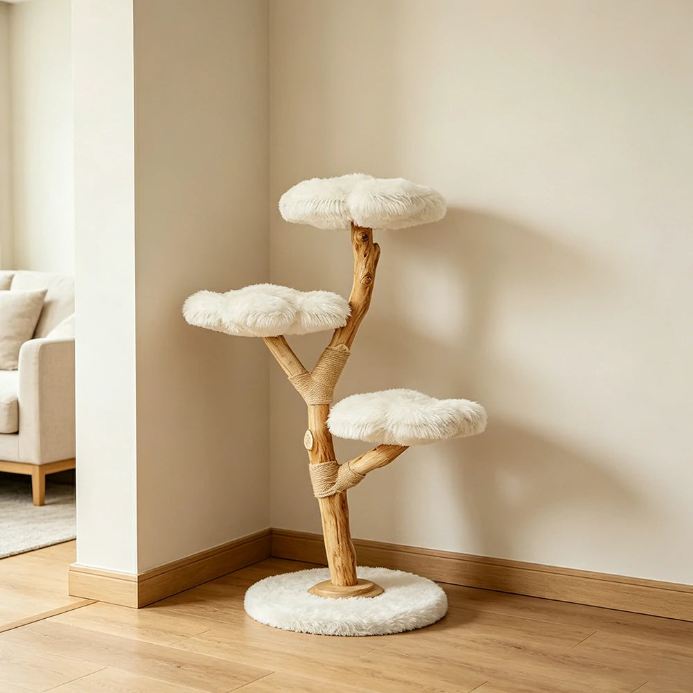 PAWORA Cloud Flower Wood Cat Tree - 140cm Three-Level Solid Wood Cat Tower with Plush Platforms - White