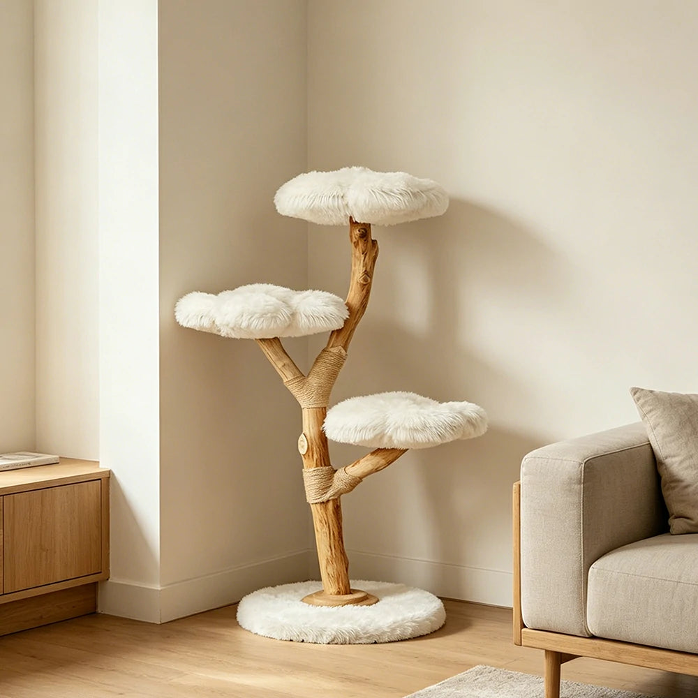 PAWORA Cloud Flower Wood Cat Tree - 140cm Three-Level Solid Wood Cat Tower with Plush Platforms - White
