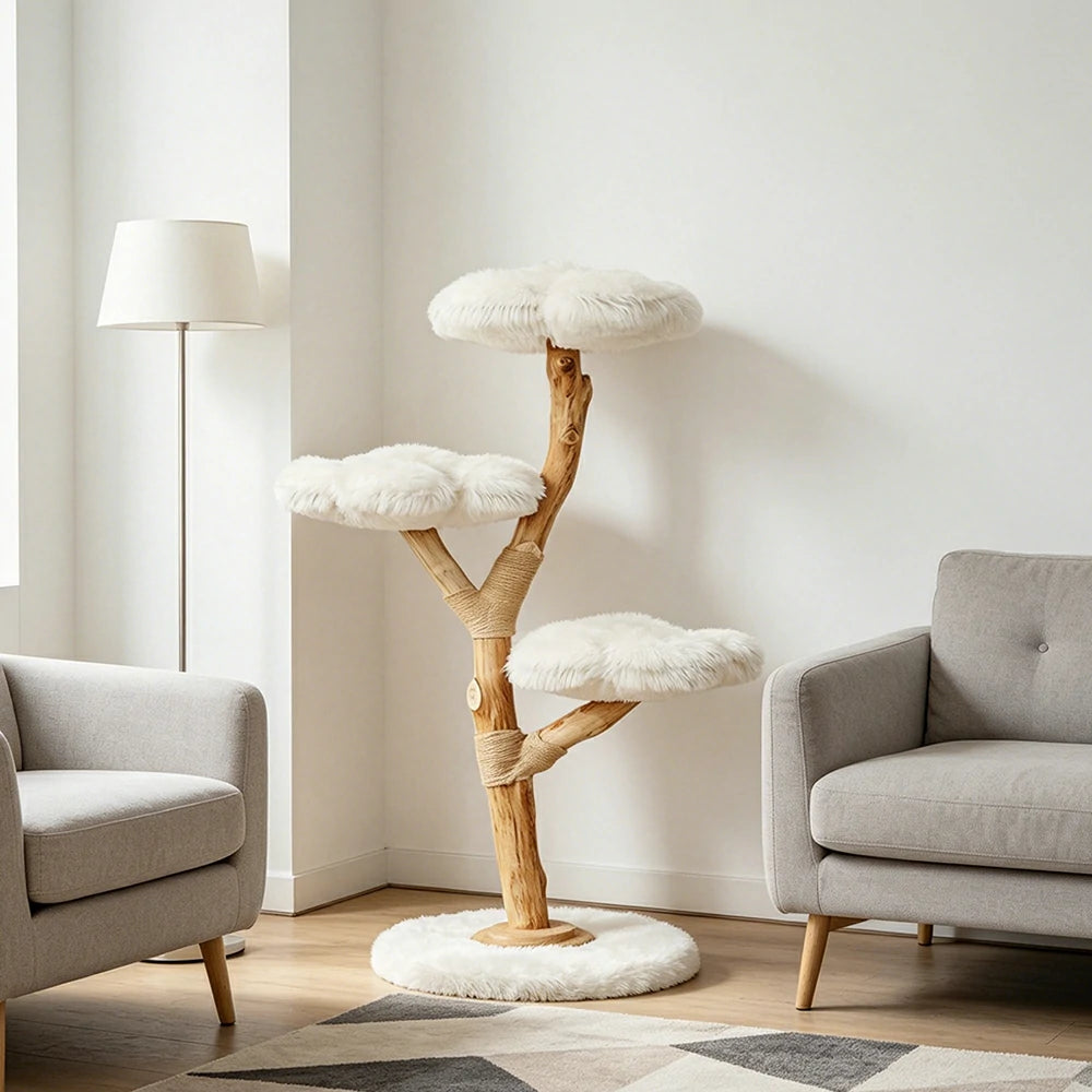 PAWORA Cloud Flower Wood Cat Tree - 140cm Three-Level Solid Wood Cat Tower with Plush Platforms - White