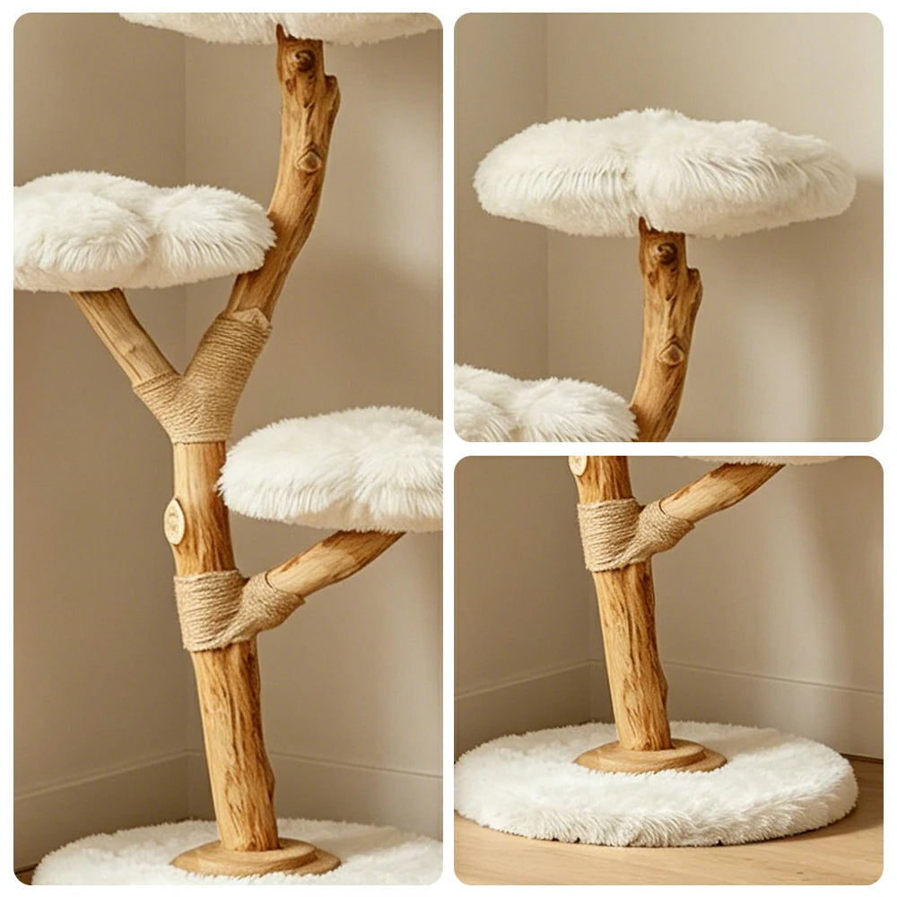 PAWORA Cloud Flower Wood Cat Tree - 140cm Three-Level Solid Wood Cat Tower with Plush Platforms - White