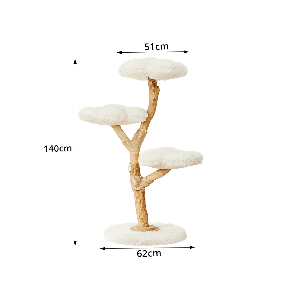 PAWORA Cloud Flower Wood Cat Tree - 140cm Three-Level Solid Wood Cat Tower with Plush Platforms - White