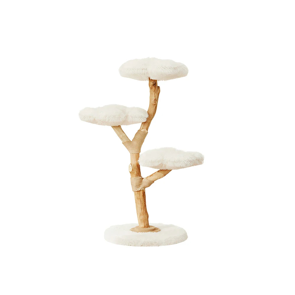 PAWORA Cloud Flower Wood Cat Tree - 140cm Three-Level Solid Wood Cat Tower with Plush Platforms - White