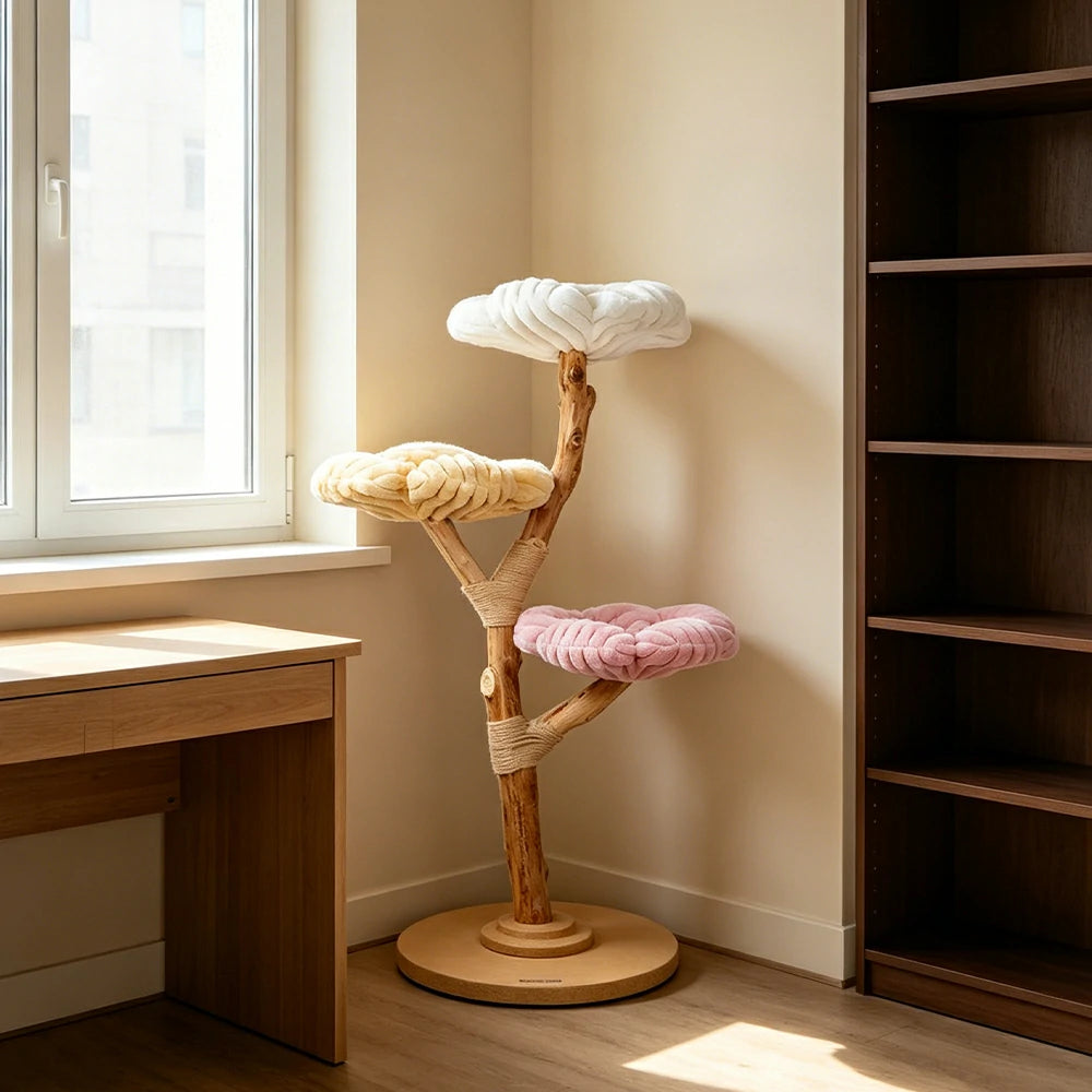 PAWORA Dopamine Cloud Flower Wood Cat Tree - 140cm Three-Level Solid Wood Cat Tower with Plush Platforms - Multi Colour