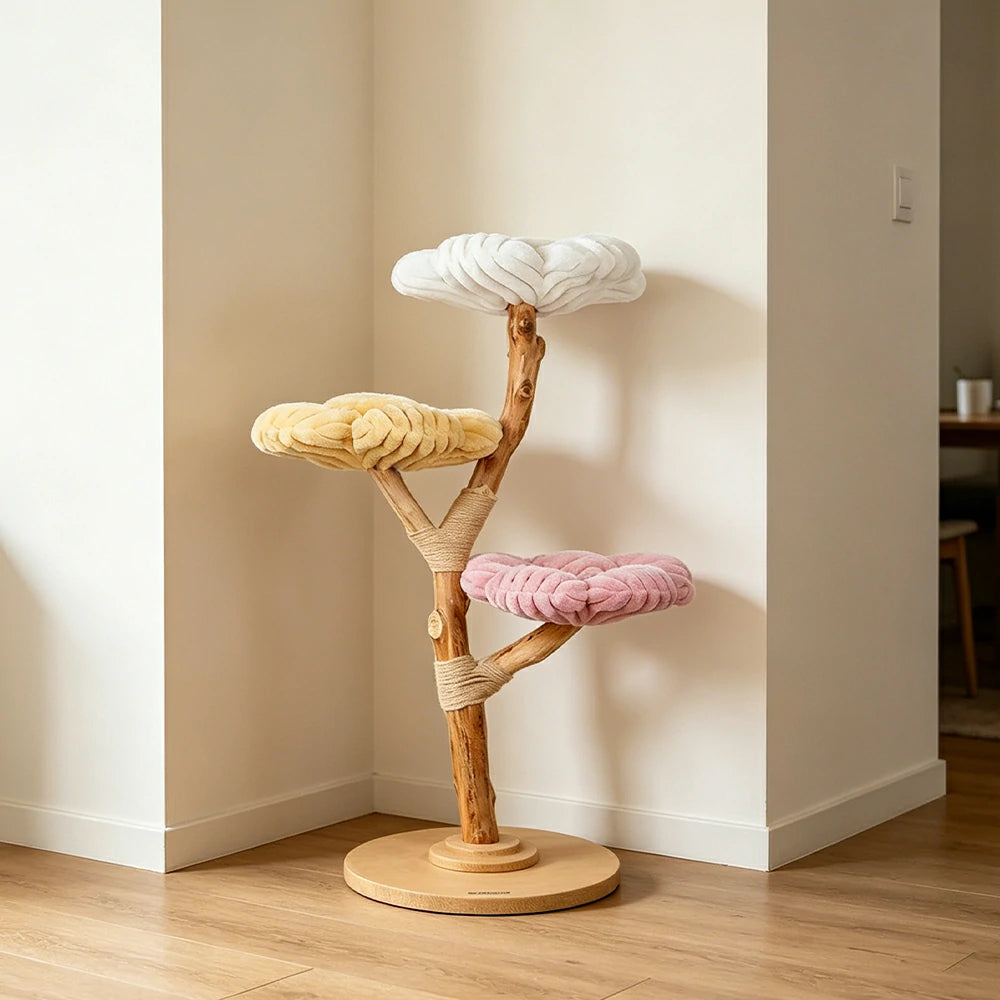 PAWORA Dopamine Cloud Flower Wood Cat Tree - 140cm Three-Level Solid Wood Cat Tower with Plush Platforms - Multi Colour