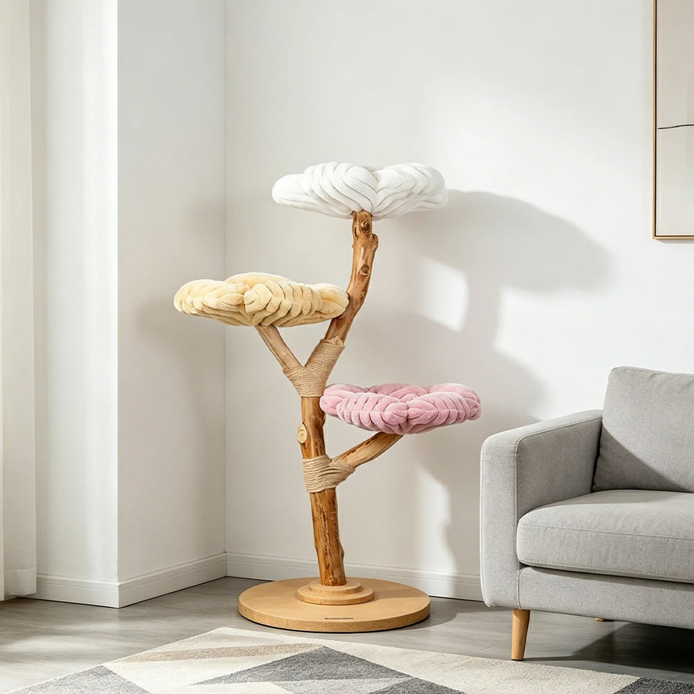 PAWORA Dopamine Cloud Flower Wood Cat Tree - 140cm Three-Level Solid Wood Cat Tower with Plush Platforms - Multi Colour