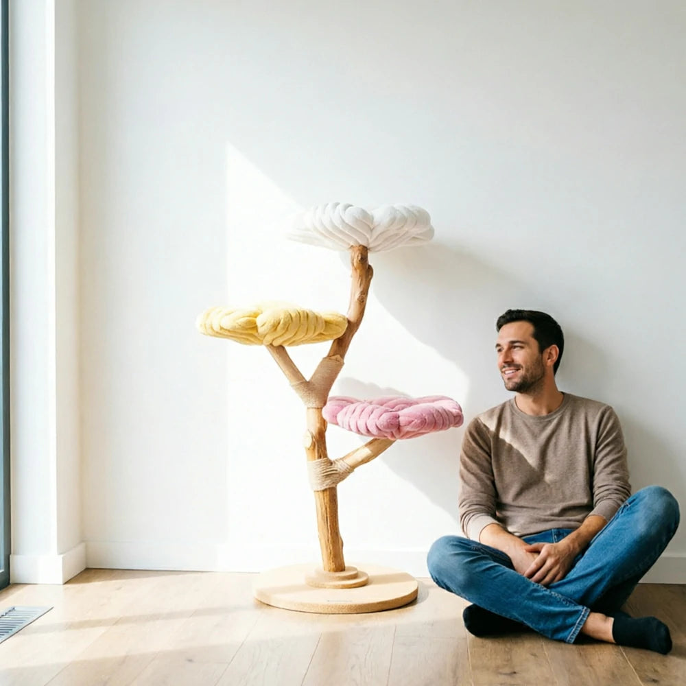 PAWORA Dopamine Cloud Flower Wood Cat Tree - 140cm Three-Level Solid Wood Cat Tower with Plush Platforms - Multi Colour