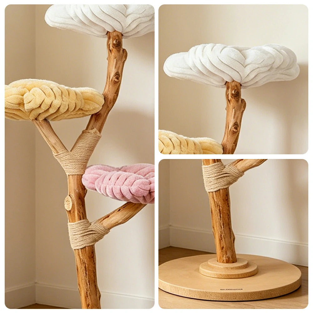 PAWORA Dopamine Cloud Flower Wood Cat Tree - 140cm Three-Level Solid Wood Cat Tower with Plush Platforms - Multi Colour