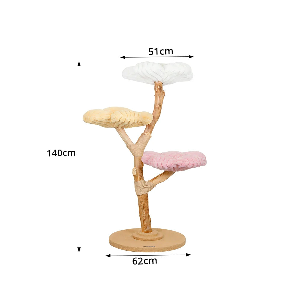 PAWORA Dopamine Cloud Flower Wood Cat Tree - 140cm Three-Level Solid Wood Cat Tower with Plush Platforms - Multi Colour