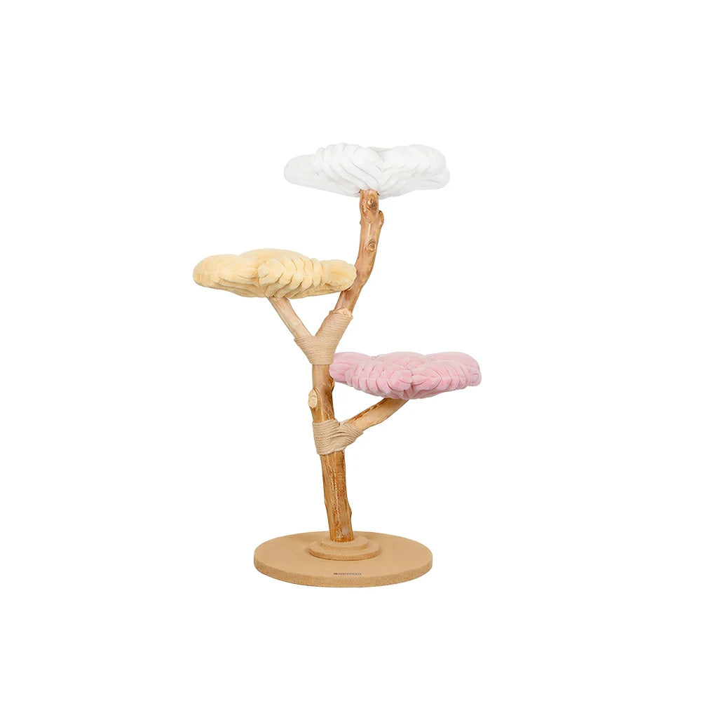 PAWORA Dopamine Cloud Flower Wood Cat Tree - 140cm Three-Level Solid Wood Cat Tower with Plush Platforms - Multi Colour