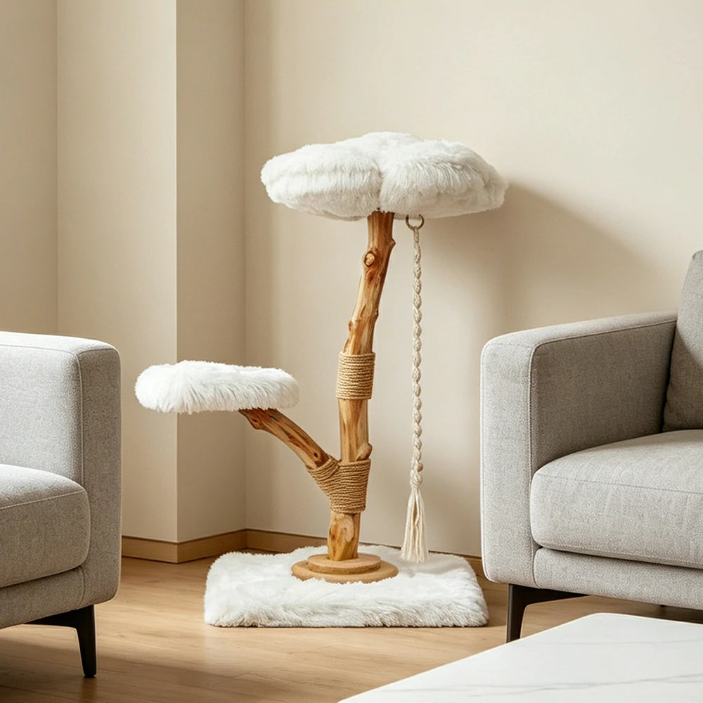 PAWORA Cloud Flower Wood Cat Tree - 95cm Two-Level Solid Wood Cat Tower with Plush Platforms - White