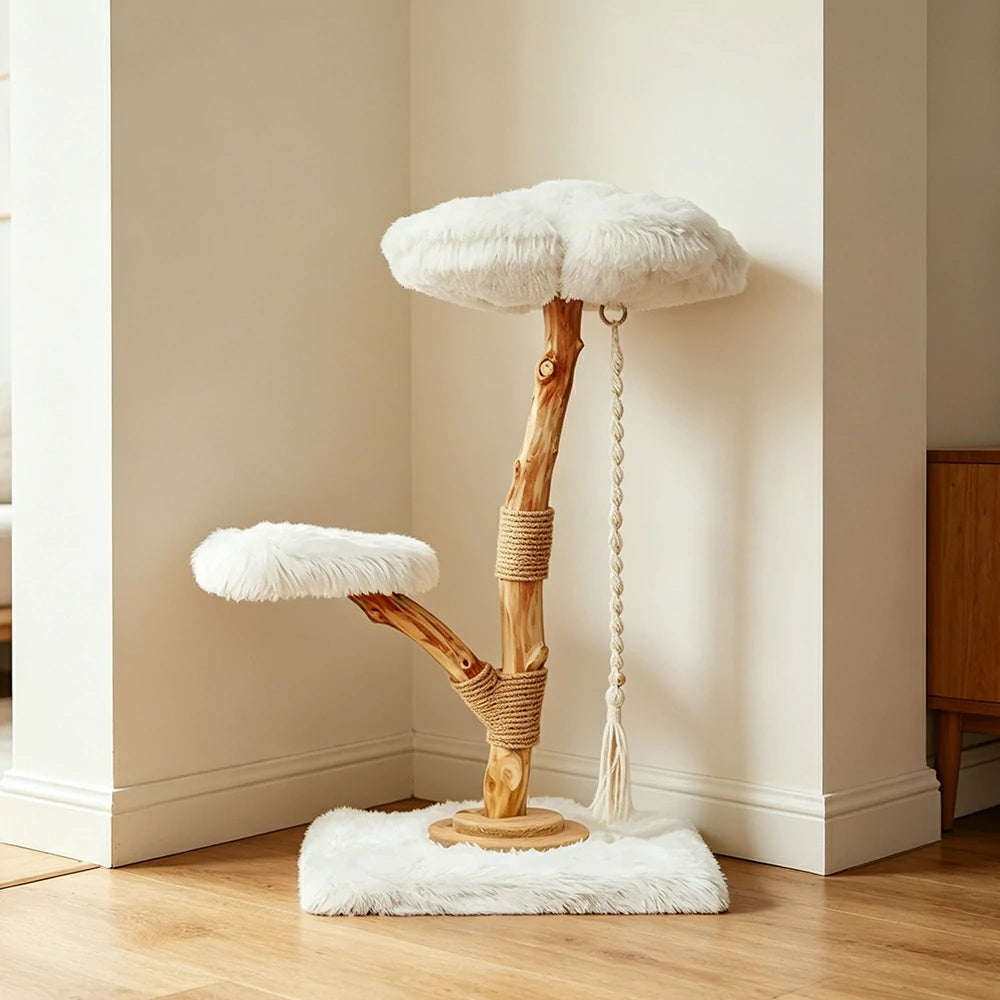 PAWORA Cloud Flower Wood Cat Tree - 95cm Two-Level Solid Wood Cat Tower with Plush Platforms - White