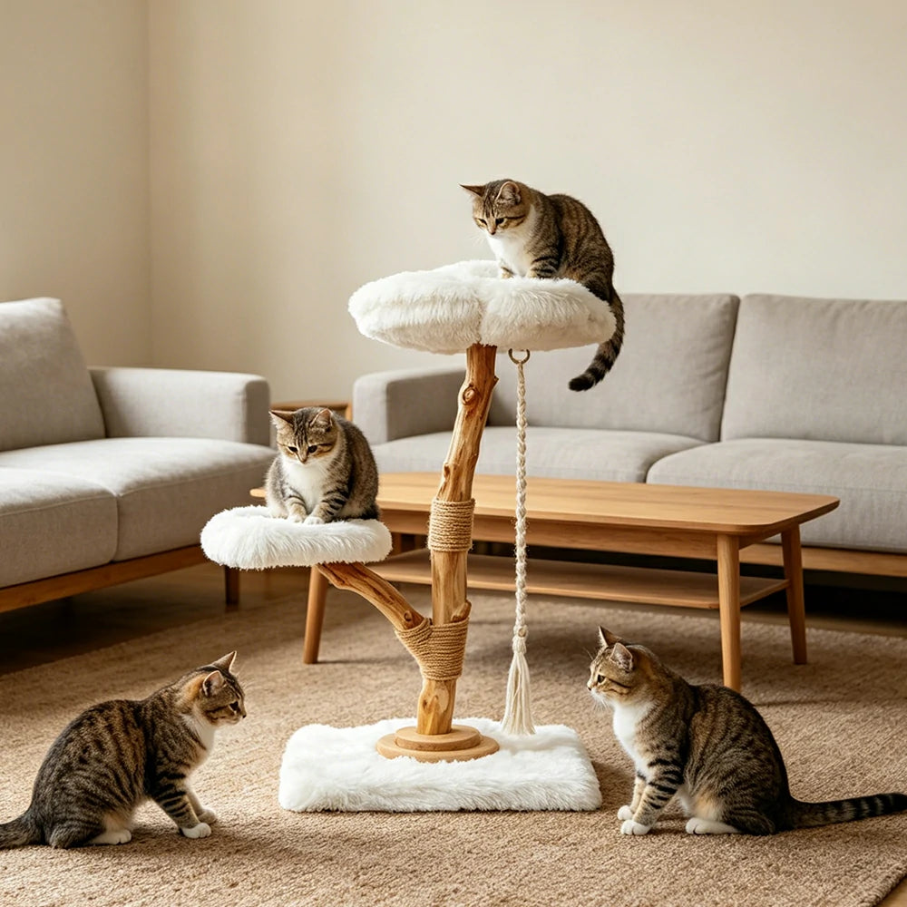 PAWORA Cloud Flower Wood Cat Tree - 95cm Two-Level Solid Wood Cat Tower with Plush Platforms - White