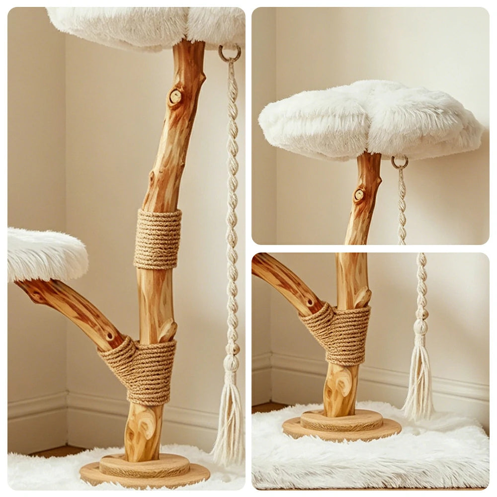 PAWORA Cloud Flower Wood Cat Tree - 95cm Two-Level Solid Wood Cat Tower with Plush Platforms - White