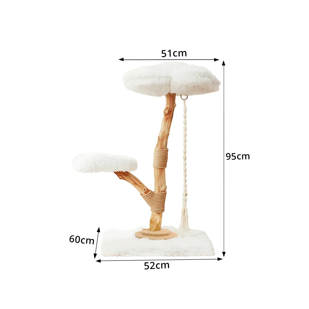 PAWORA Cloud Flower Wood Cat Tree - 95cm Two-Level Solid Wood Cat Tower with Plush Platforms - White