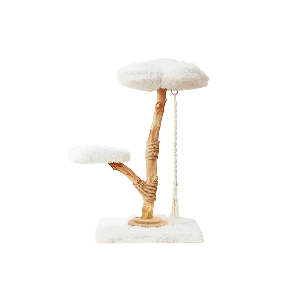 PAWORA Cloud Flower Wood Cat Tree - 95cm Two-Level Solid Wood Cat Tower with Plush Platforms - White