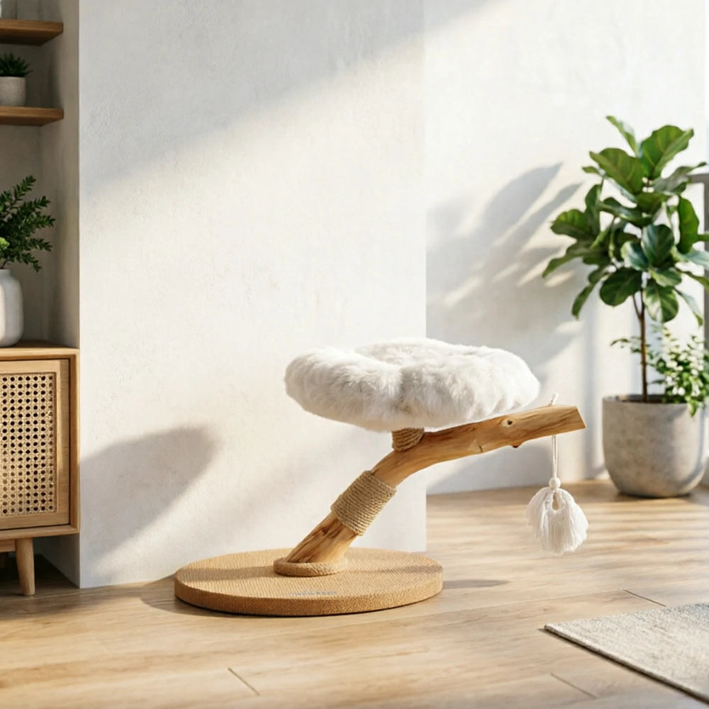 PAWORA Cloud Flower Wood Cat Tree - 48cm Single-Level Solid Wood Cat Perch with Plush Platform - White