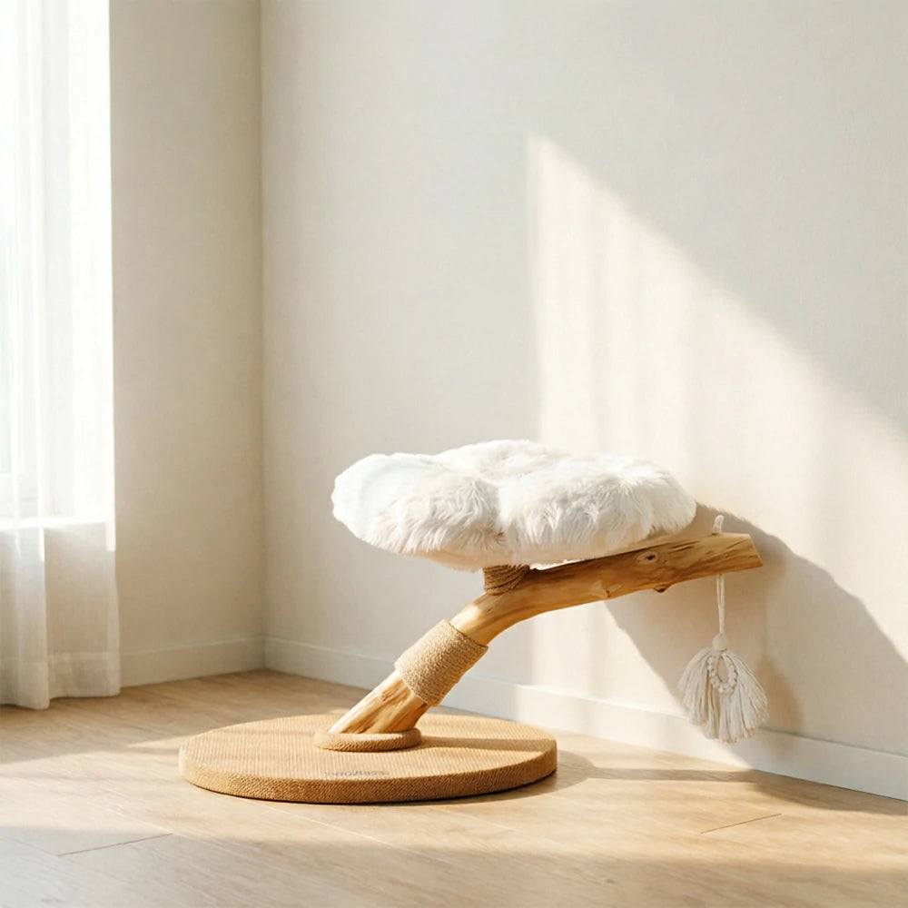 PAWORA Cloud Flower Wood Cat Tree - 48cm Single-Level Solid Wood Cat Perch with Plush Platform - White