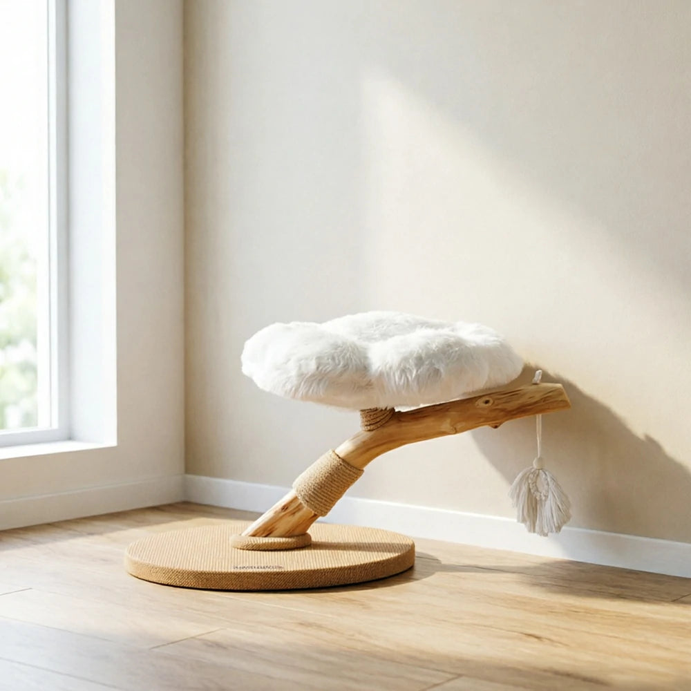 PAWORA Cloud Flower Wood Cat Tree - 48cm Single-Level Solid Wood Cat Perch with Plush Platform - White