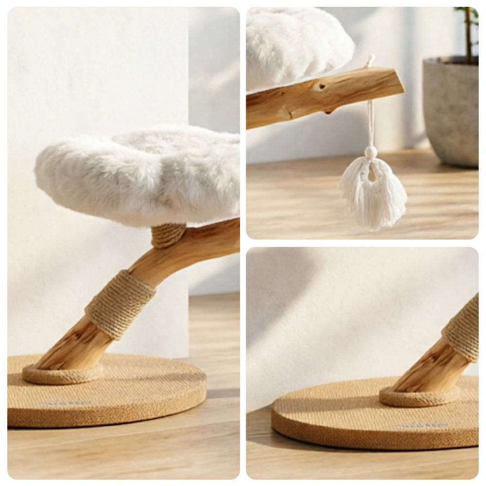 PAWORA Cloud Flower Wood Cat Tree - 48cm Single-Level Solid Wood Cat Perch with Plush Platform - White