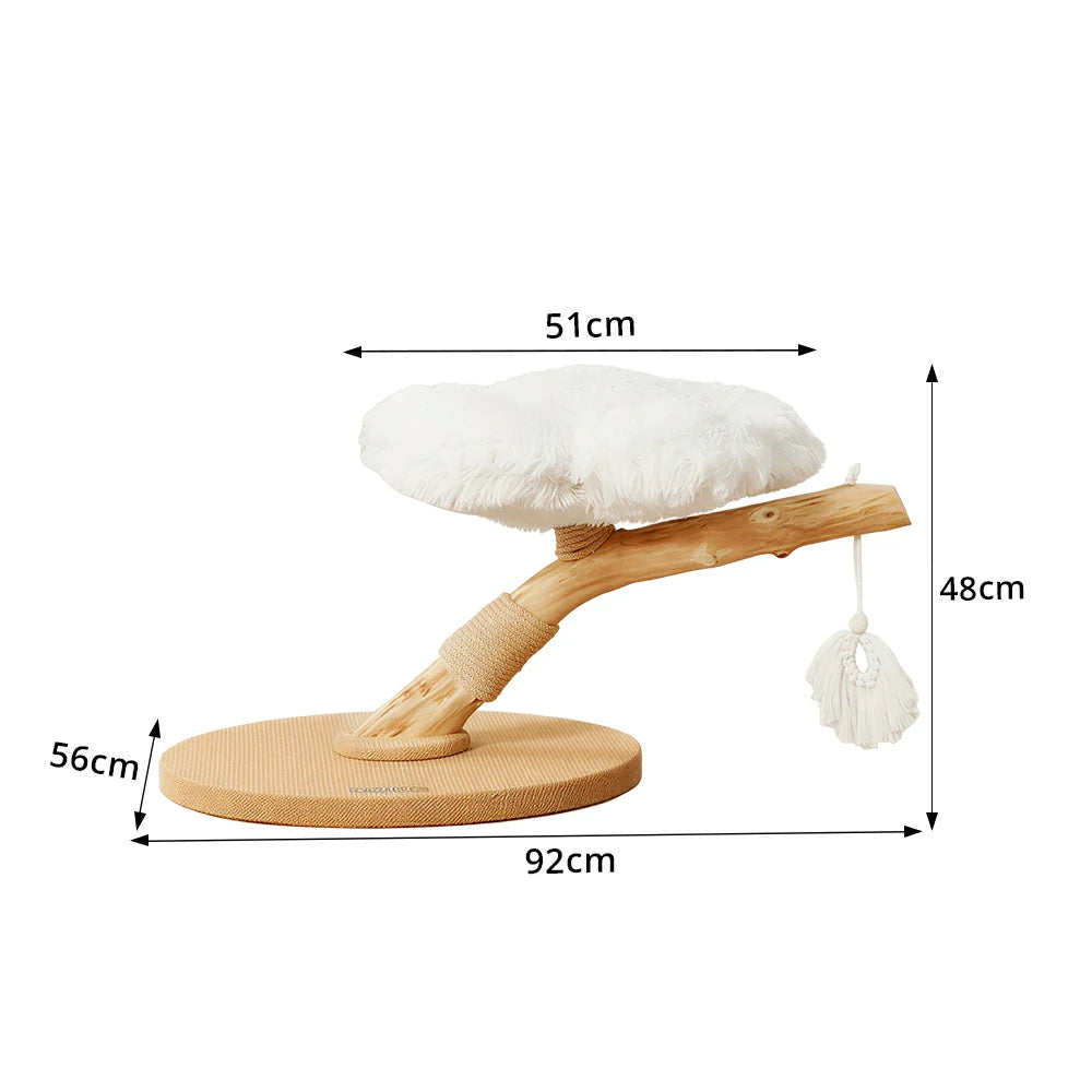 PAWORA Cloud Flower Wood Cat Tree - 48cm Single-Level Solid Wood Cat Perch with Plush Platform - White