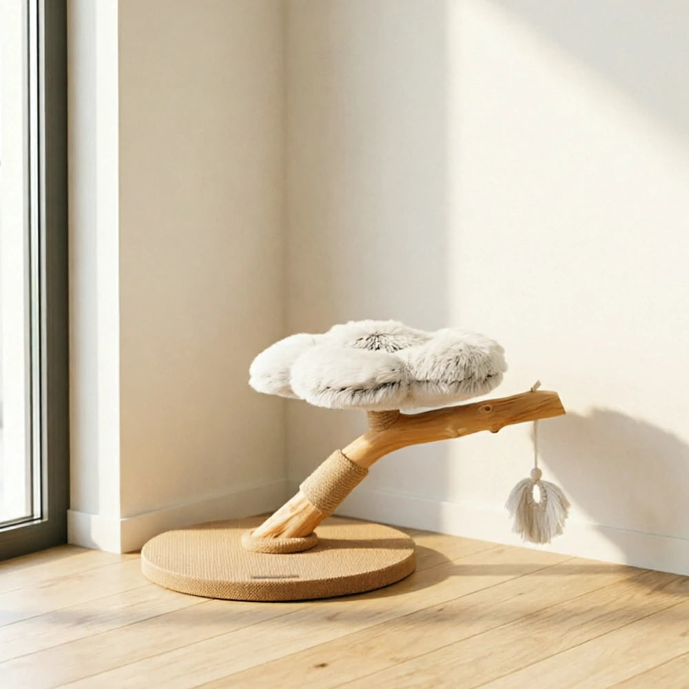 PAWORA Cloud Flower Wood Cat Tree - 48cm Single-Level Solid Wood Cat Perch with Plush Platform - Grey