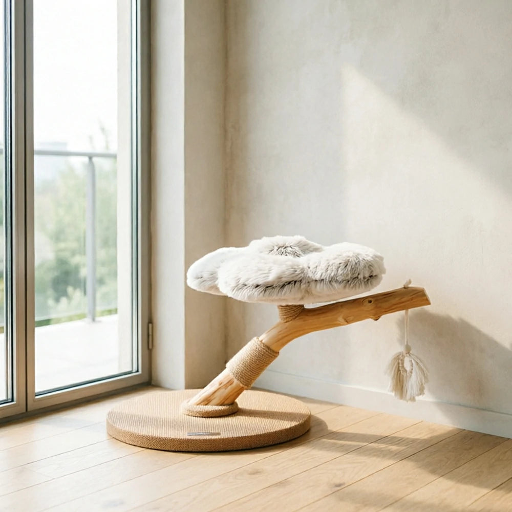 PAWORA Cloud Flower Wood Cat Tree - 48cm Single-Level Solid Wood Cat Perch with Plush Platform - Grey