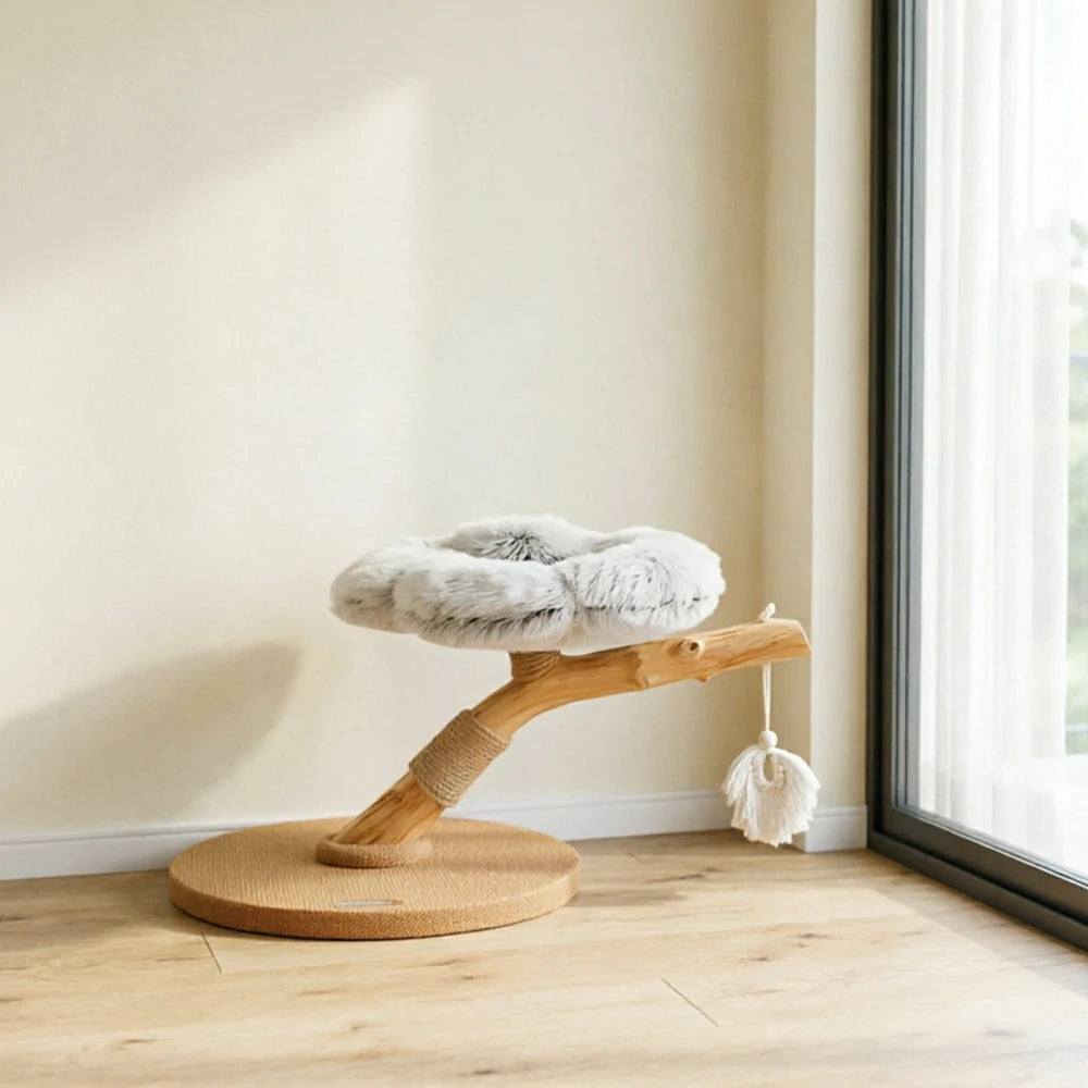 PAWORA Cloud Flower Wood Cat Tree - 48cm Single-Level Solid Wood Cat Perch with Plush Platform - Grey