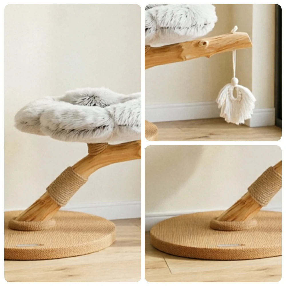 PAWORA Cloud Flower Wood Cat Tree - 48cm Single-Level Solid Wood Cat Perch with Plush Platform - Grey