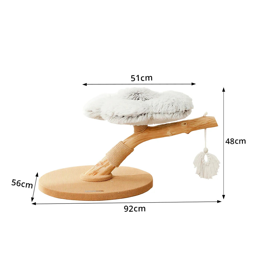 PAWORA Cloud Flower Wood Cat Tree - 48cm Single-Level Solid Wood Cat Perch with Plush Platform - Grey