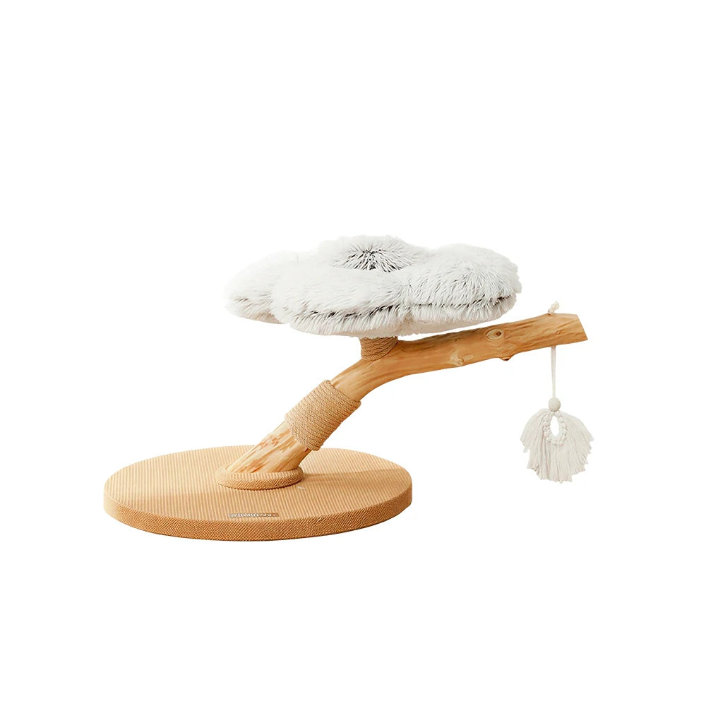 PAWORA Cloud Flower Wood Cat Tree - 48cm Single-Level Solid Wood Cat Perch with Plush Platform - Grey