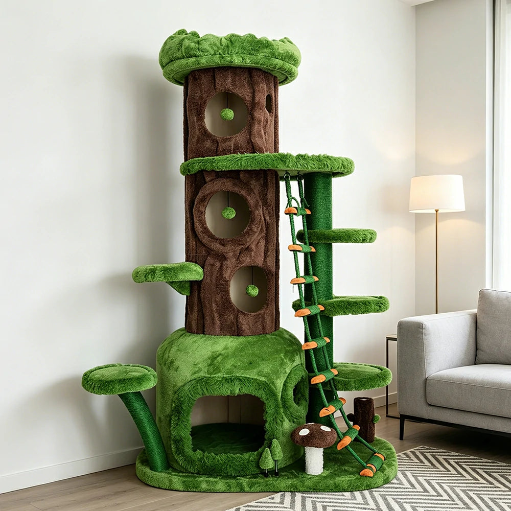 PAWORA Jungle Playground Cat Tree - 205cm Tall Multi-Level Cat Condo with Climbing Ladder - Green Brown