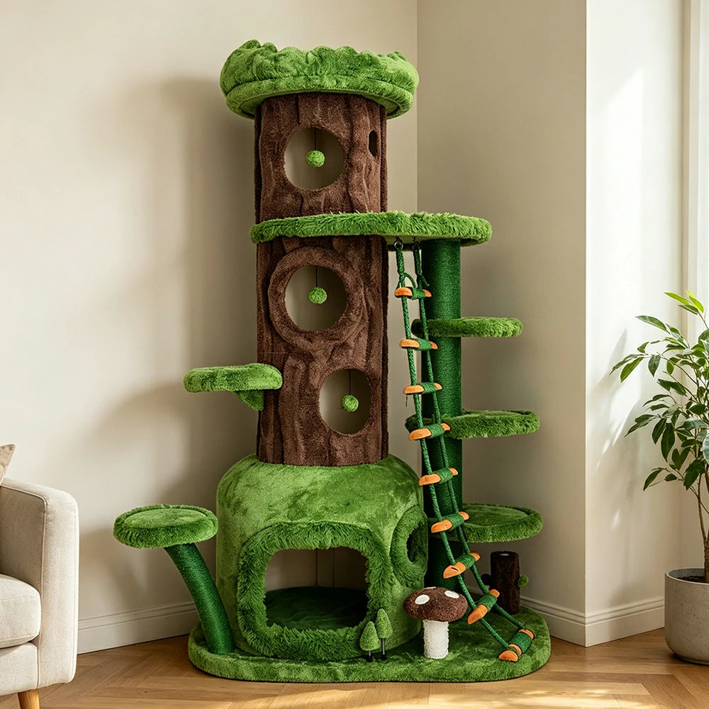 PAWORA Jungle Playground Cat Tree - 205cm Tall Multi-Level Cat Condo with Climbing Ladder - Green Brown