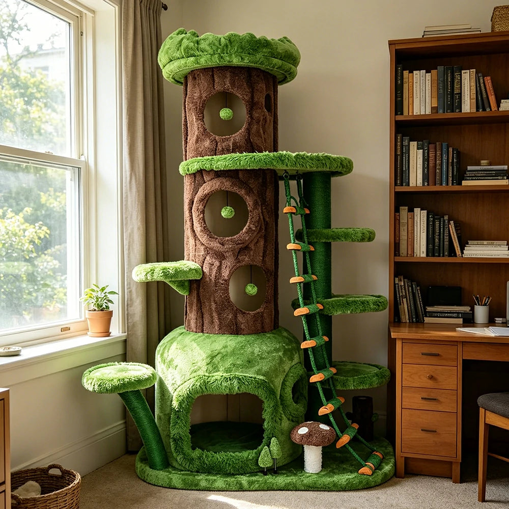 PAWORA Jungle Playground Cat Tree - 205cm Tall Multi-Level Cat Condo with Climbing Ladder - Green Brown