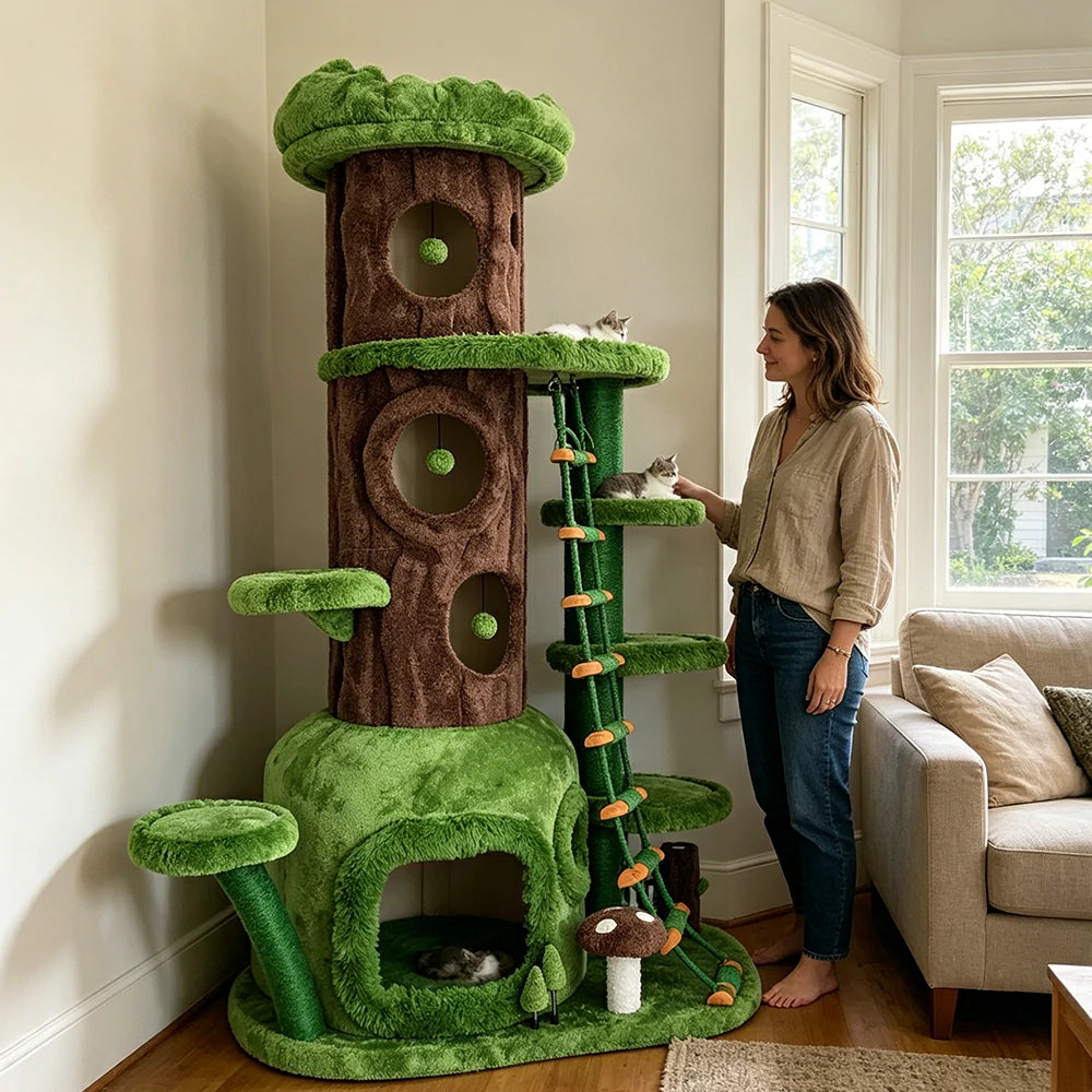 PAWORA Jungle Playground Cat Tree - 205cm Tall Multi-Level Cat Condo with Climbing Ladder - Green Brown