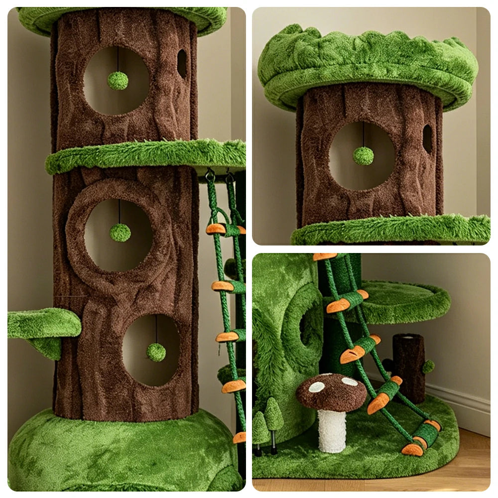 PAWORA Jungle Playground Cat Tree - 205cm Tall Multi-Level Cat Condo with Climbing Ladder - Green Brown