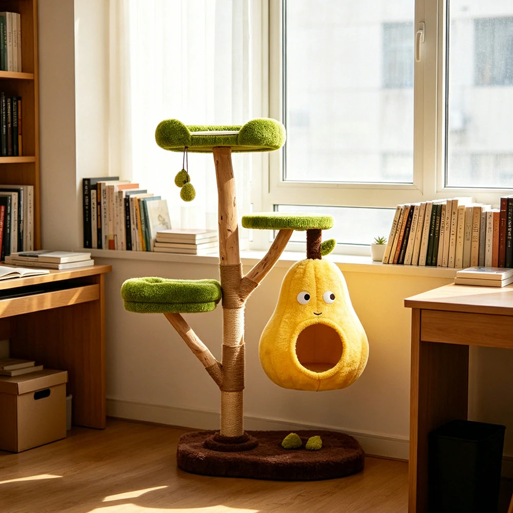 PAWORA Pear Cat Tree - 137cm Three-Level Cat Condo with Natural Wood Posts and Sisal Scratching - Yellow & Green