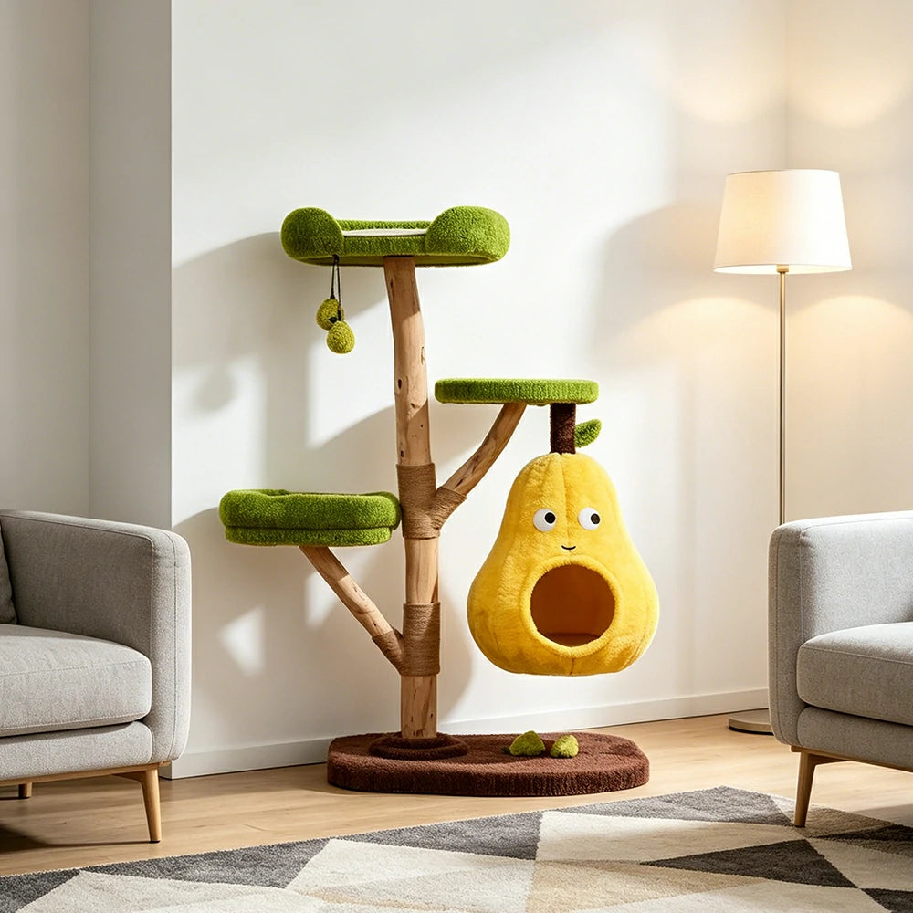 PAWORA Pear Cat Tree - 137cm Three-Level Cat Condo with Natural Wood Posts and Sisal Scratching - Yellow & Green